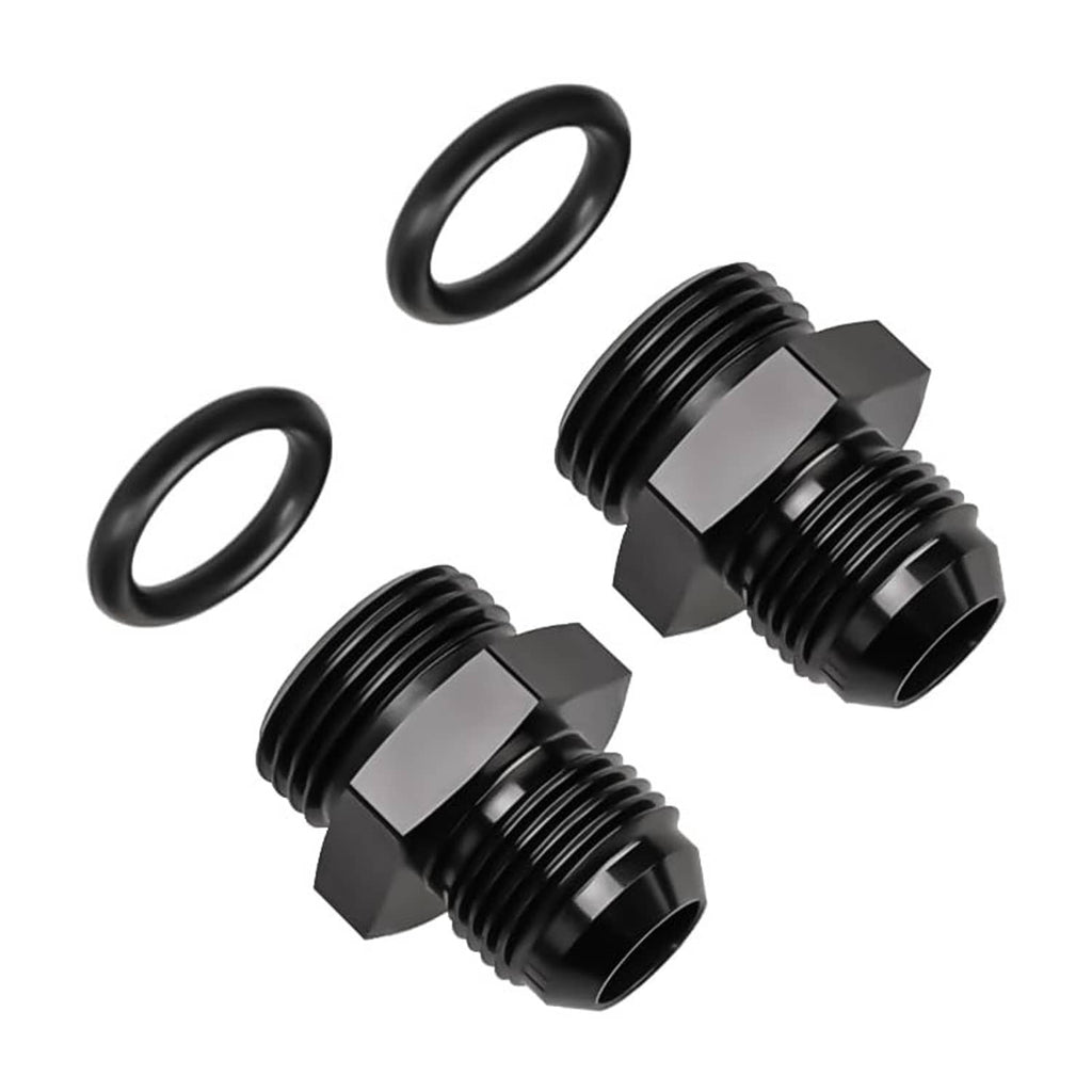 Two black ORB adapter fittings with rubber O-rings, accessory set