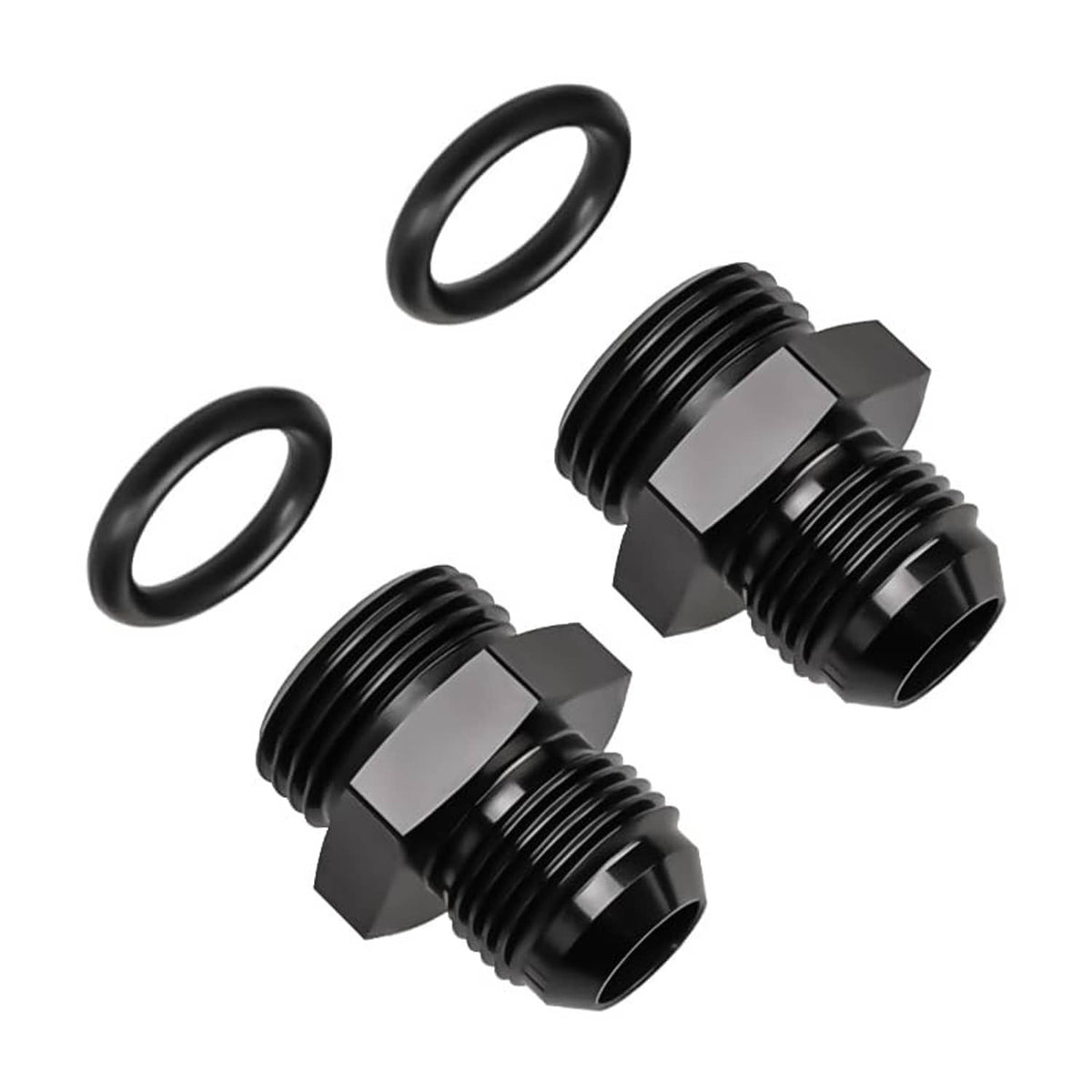 Two black ORB adapter fittings with rubber O-rings, accessory set