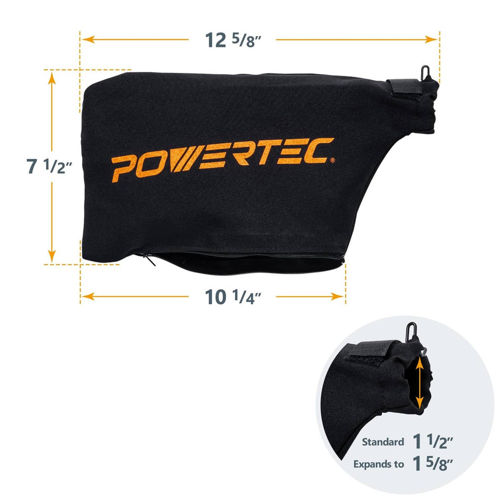 1.5 in dust port miter saw bag with size markings: 12 5/8 in x 10 1/4 in x 7 1/2 in
