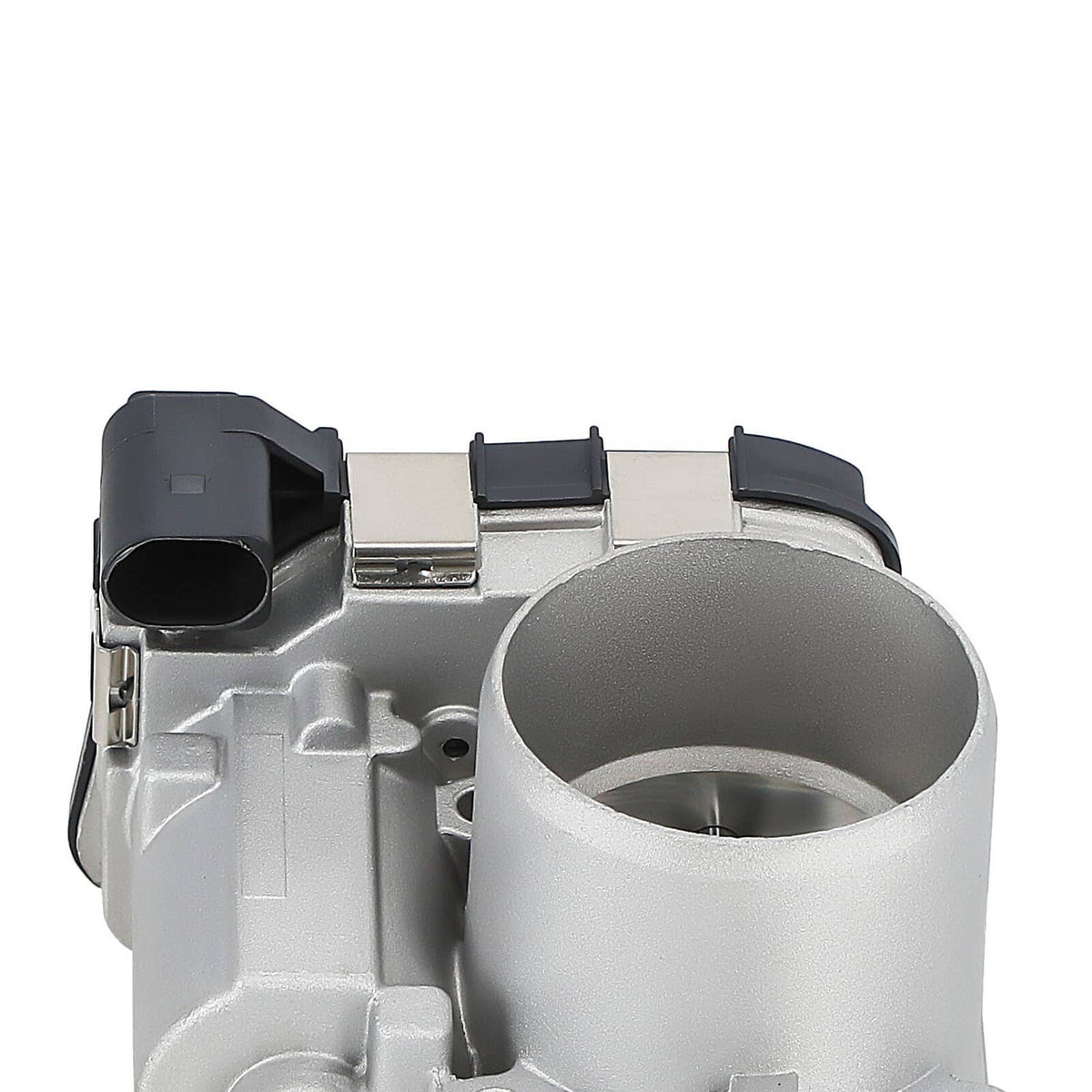 Electronic throttle body with silver intake tube and black mounting bracket