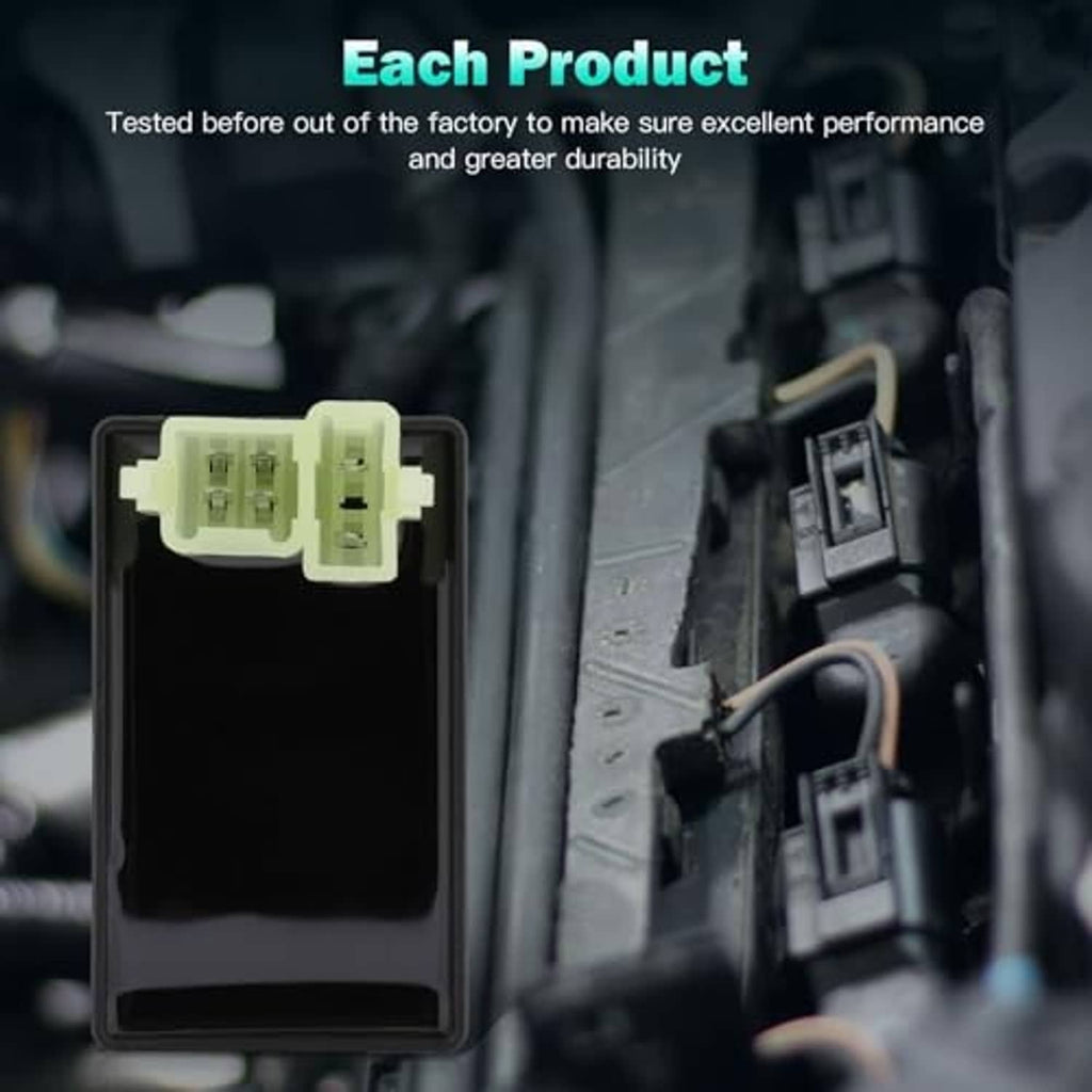 Black CDI ignition module with light green connector and terminal pins