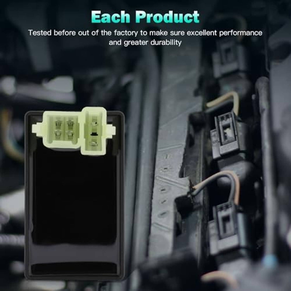 Black CDI ignition module with light green connector and terminal pins