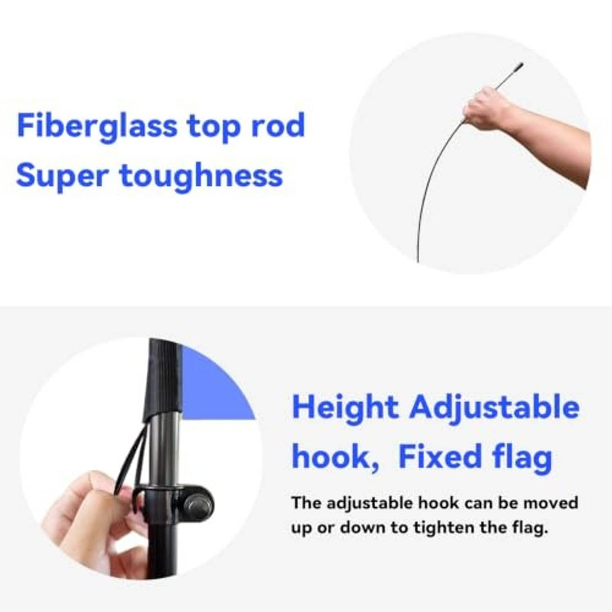 Adjustable hook and fiberglass top rod on feather flag pole kit