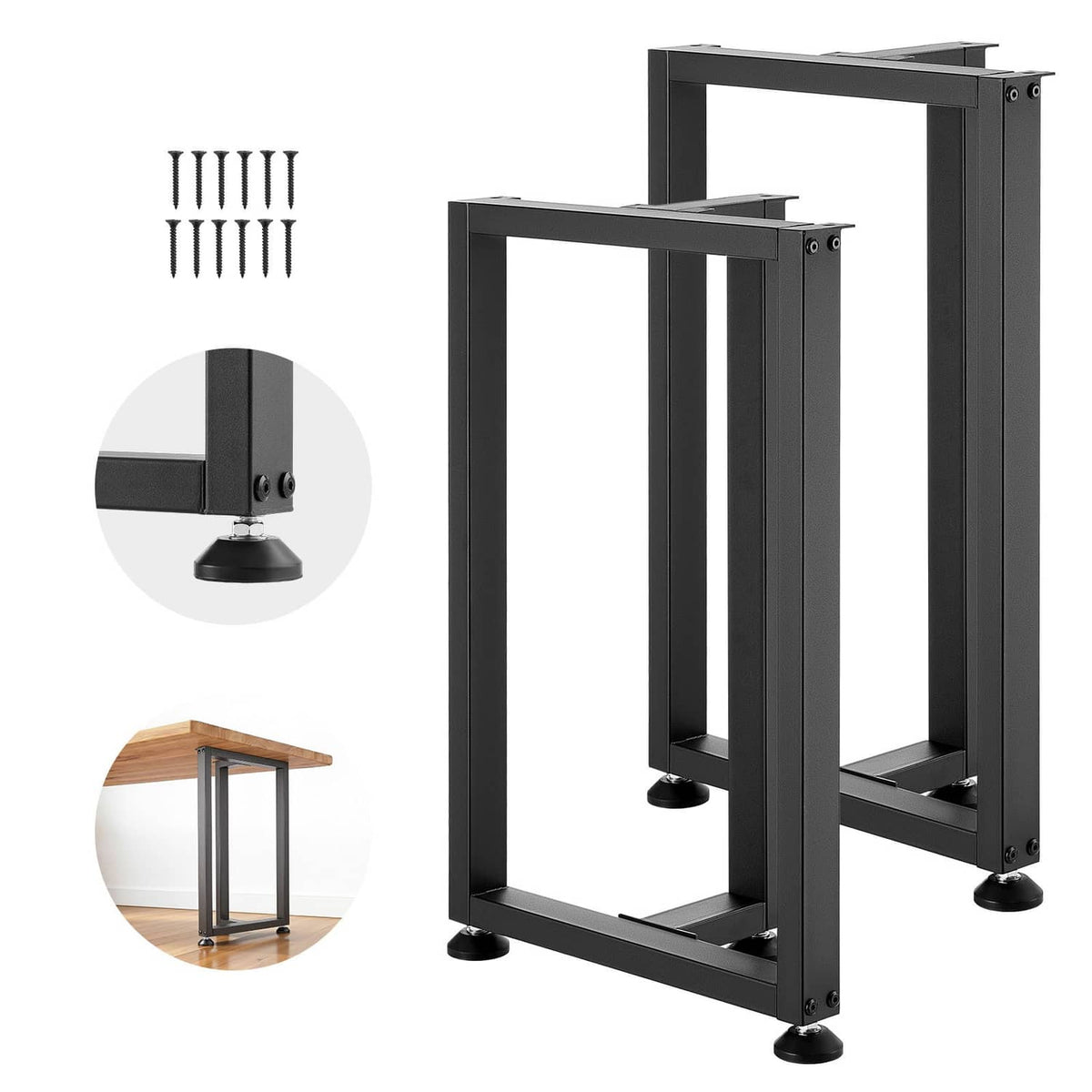 Black T-frame steel table legs, adjustable rubber feet, set of 2