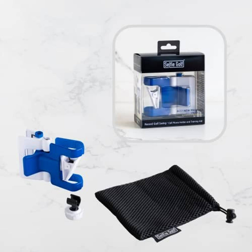Golf swing analyzer kit in packaging with tripod mount, clips, and carrying pouch