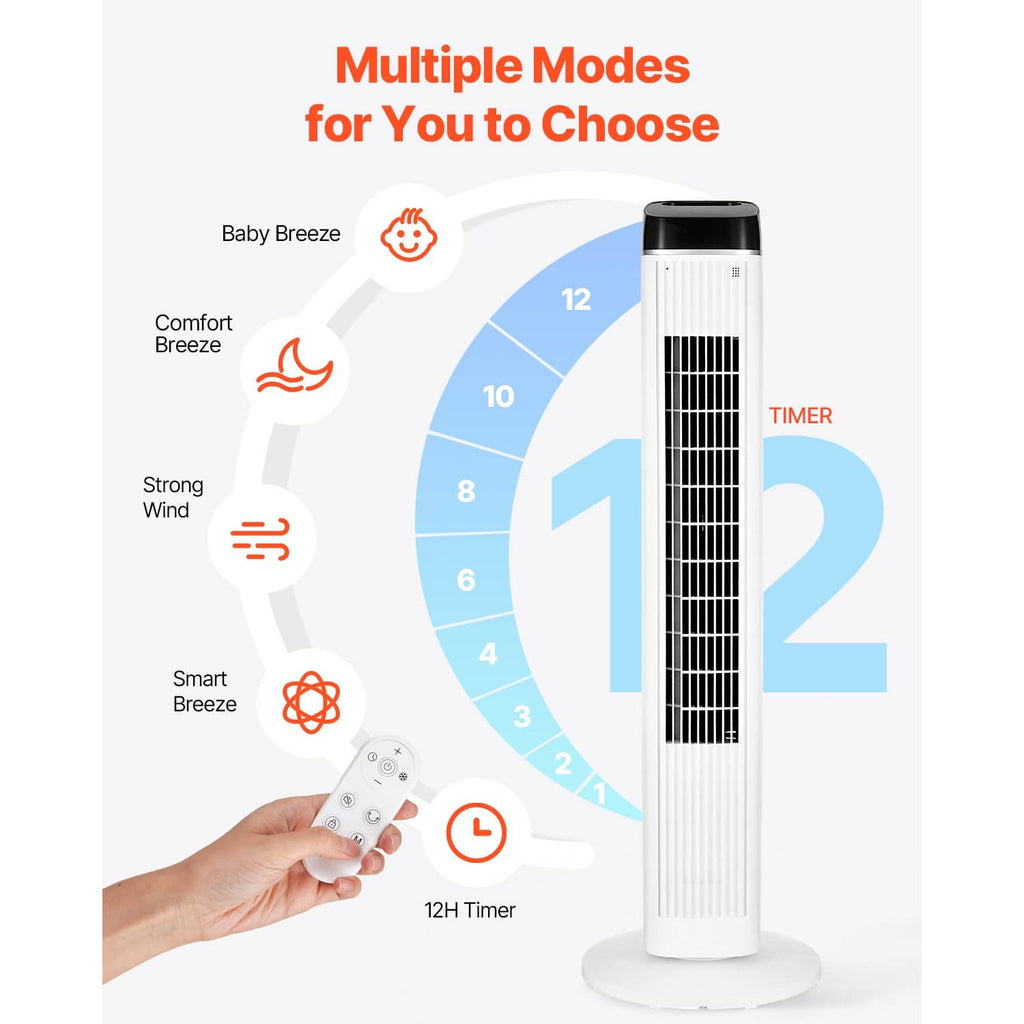 White tower fan with timer function and multiple airflow mode dial controls