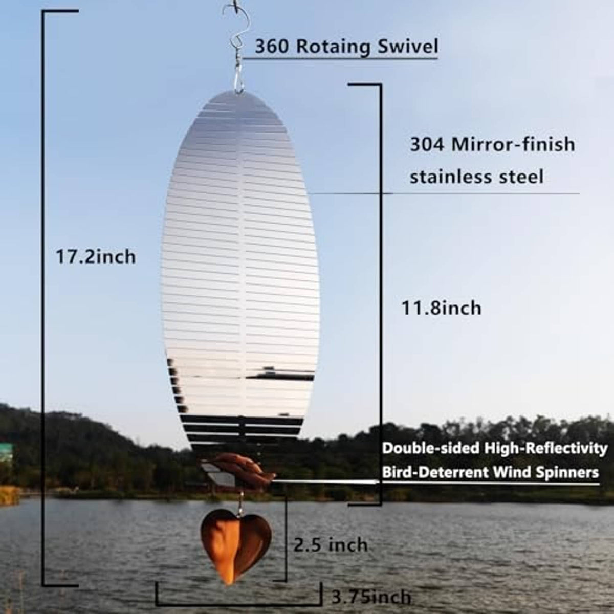 Reflective stainless bird-deterrent wind spinner with mirror-finish body and heart charm