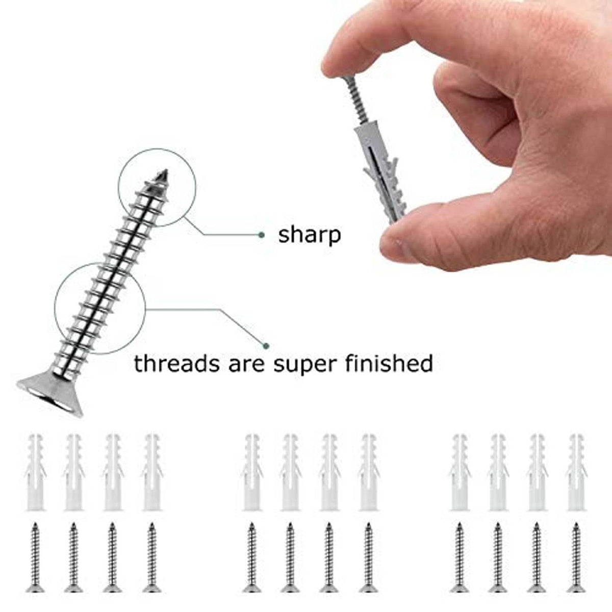 Threaded screw and plastic expansion anchor for shade sail hardware, held by hand