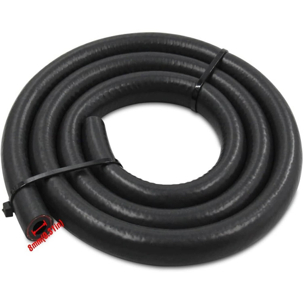 Coiled black rubber oil cooler hose with molded connector ends and securing strap