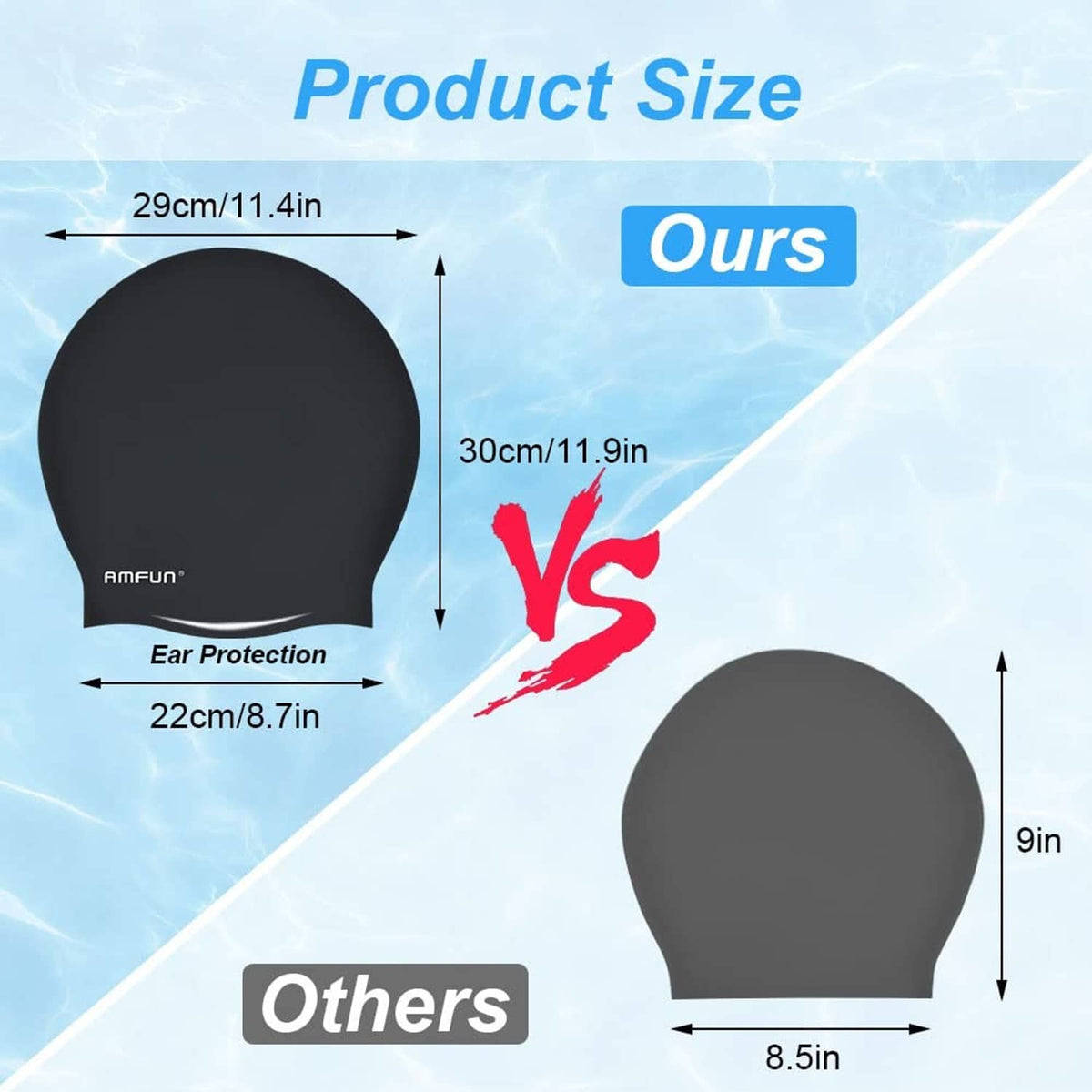 Black swimming cap size diagram, rounded dome cap with AMFUN logo on front.