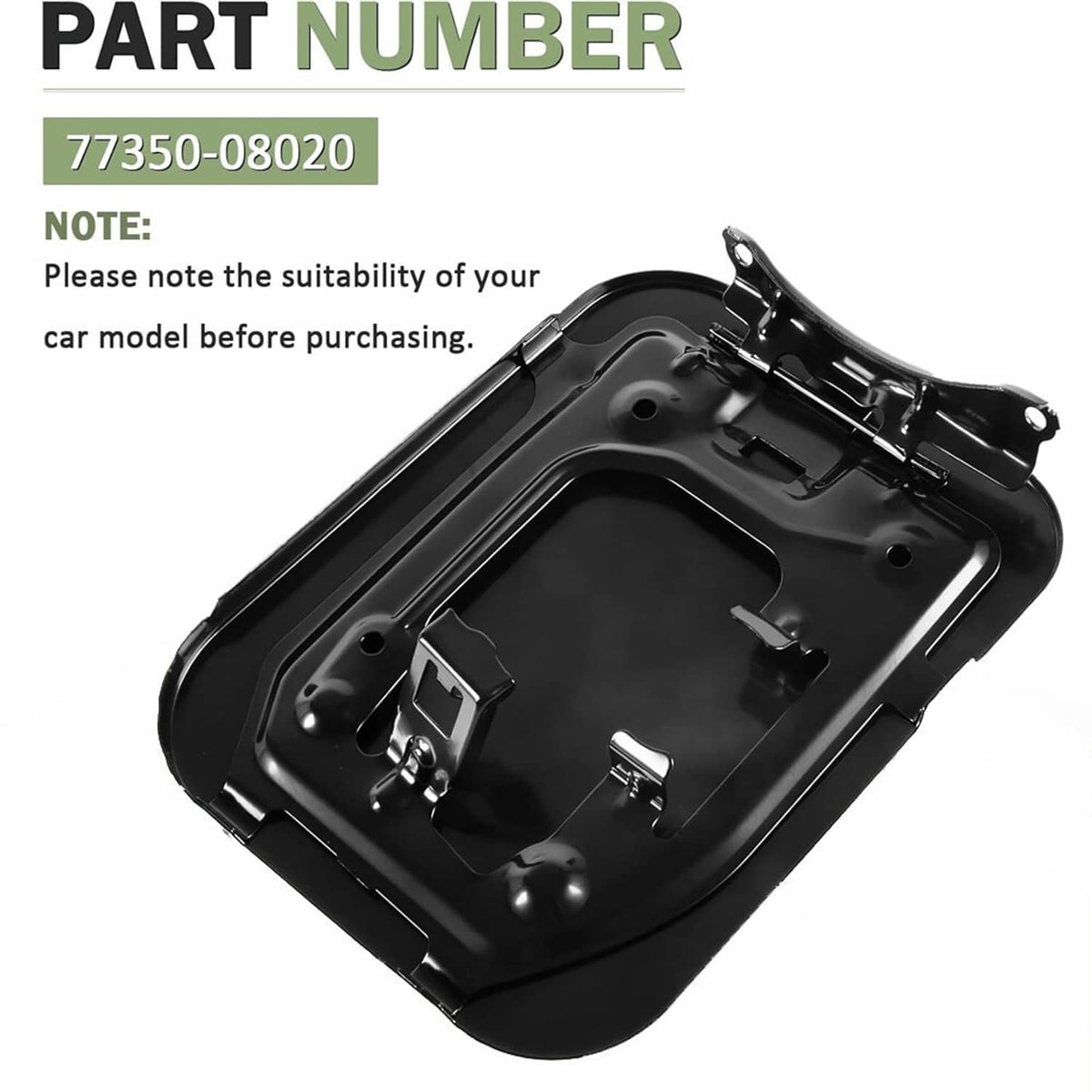 Black gas lid cover with part number 77350-08020 underside view