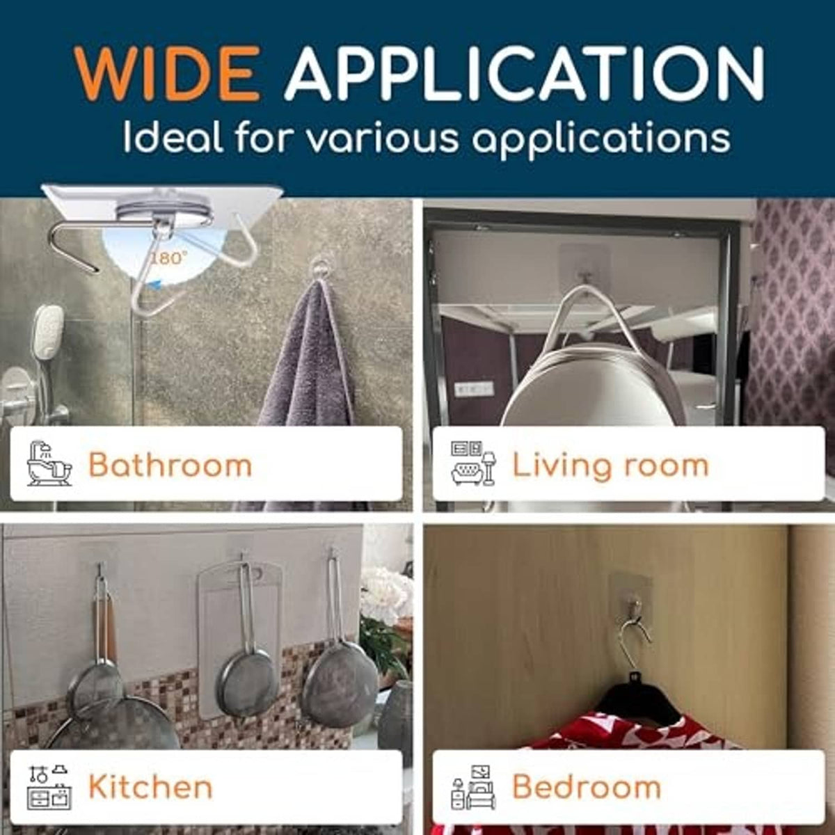 Wide application chart for adhesive wall hooks for bathroom, living room, kitchen, bedroom