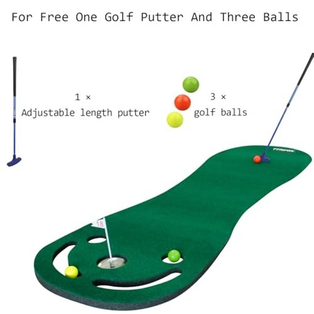 Long green putting mat with cup hole, side channels, and adjustable putter stance area