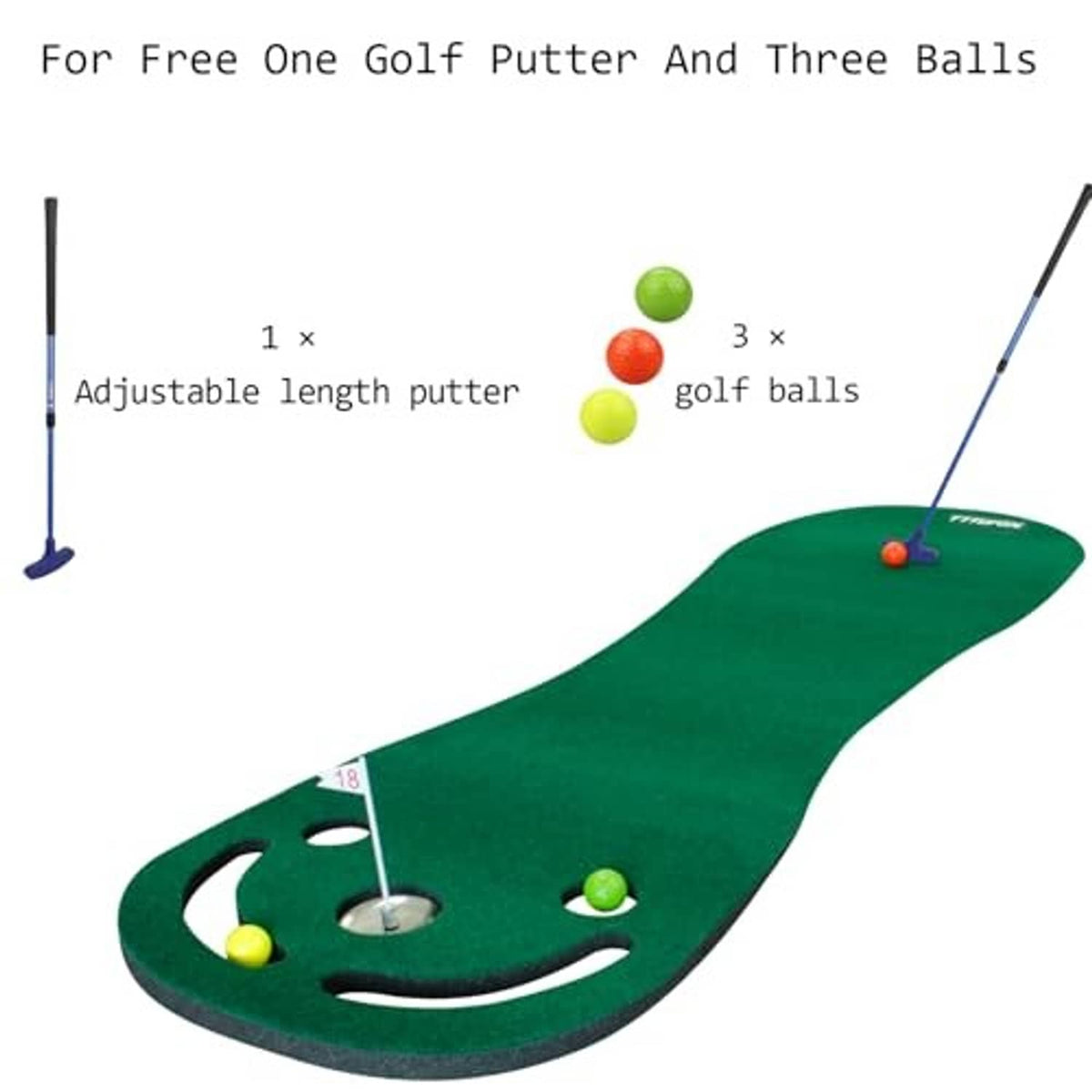 Long green putting mat with cup hole, side channels, and adjustable putter stance area