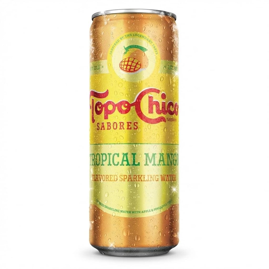 Topo Chico Sabores tropical mango flavored sparkling water can, gold