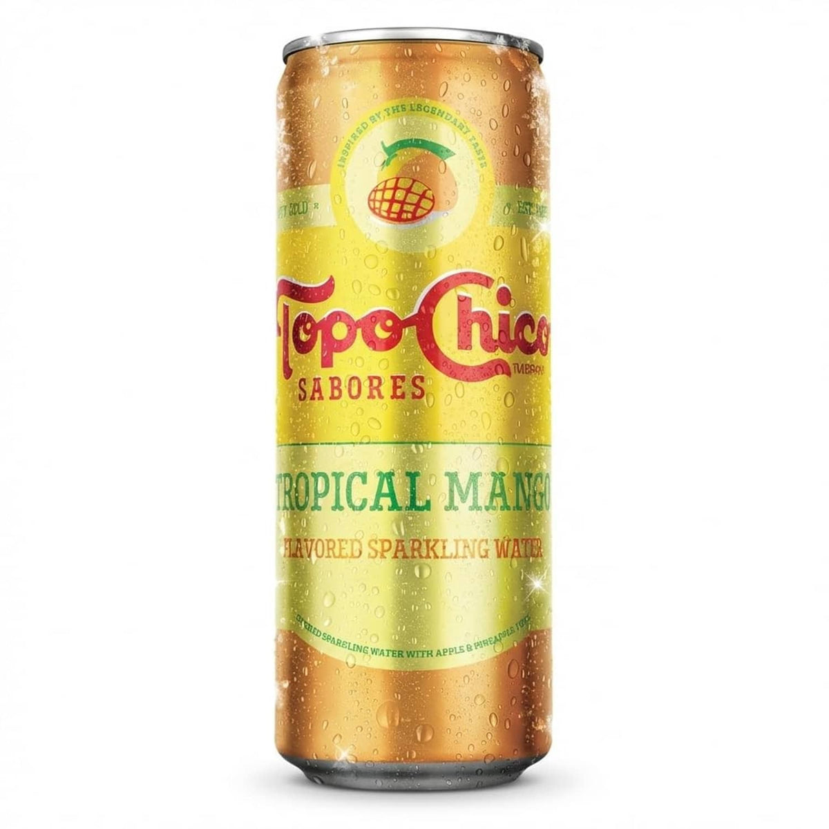 Topo Chico Sabores tropical mango flavored sparkling water can, gold