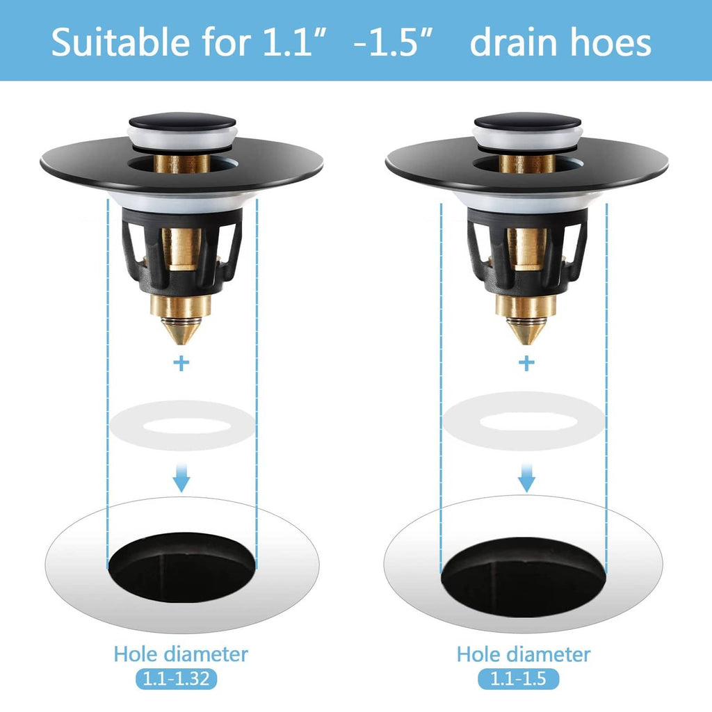 Two matte black pop-up sink drain stoppers showing black basin hole opening
