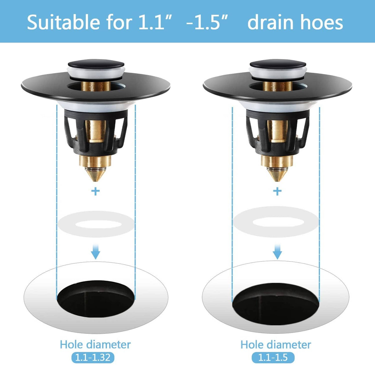 Two matte black pop-up sink drain stoppers showing black basin hole opening