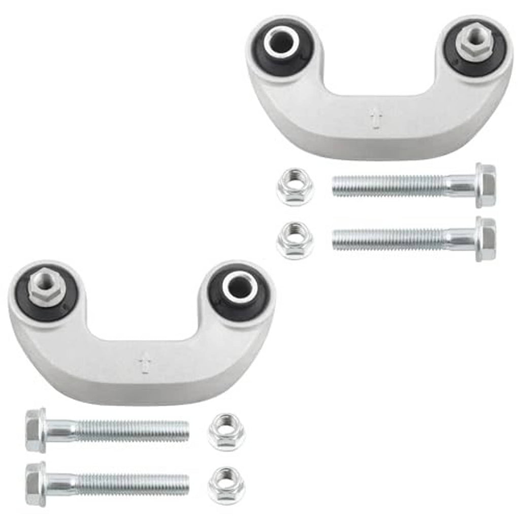 Two front sway bar end links with grey brackets, black bushings, and mounting bolts with nuts