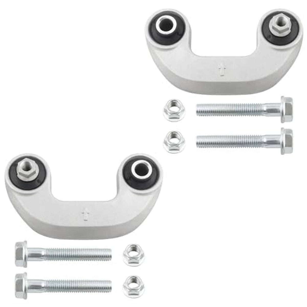 Two front sway bar end links with grey brackets, black bushings, and mounting bolts with nuts