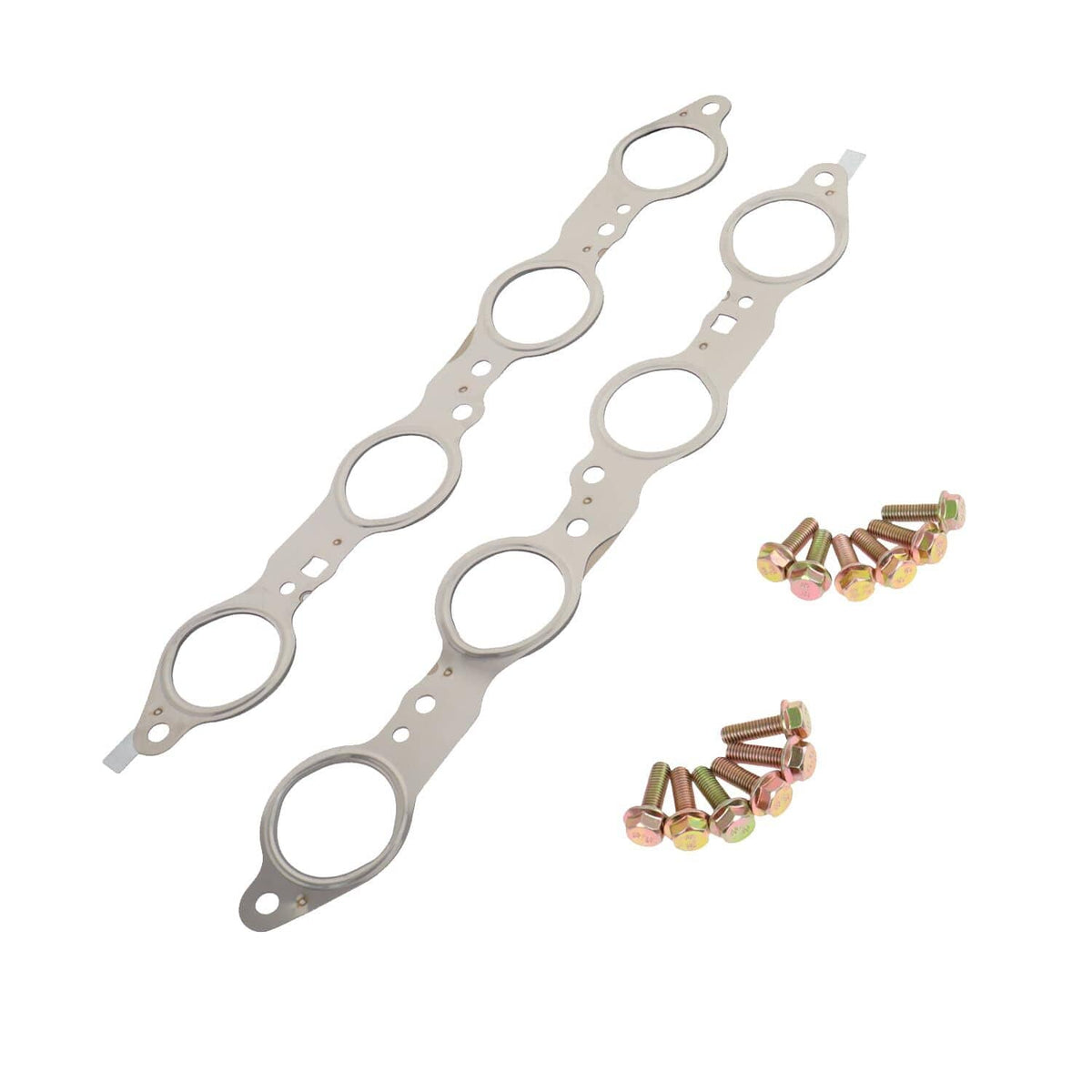 Exhaust manifold header gasket pair with bolt hardware and multiple round sealing holes