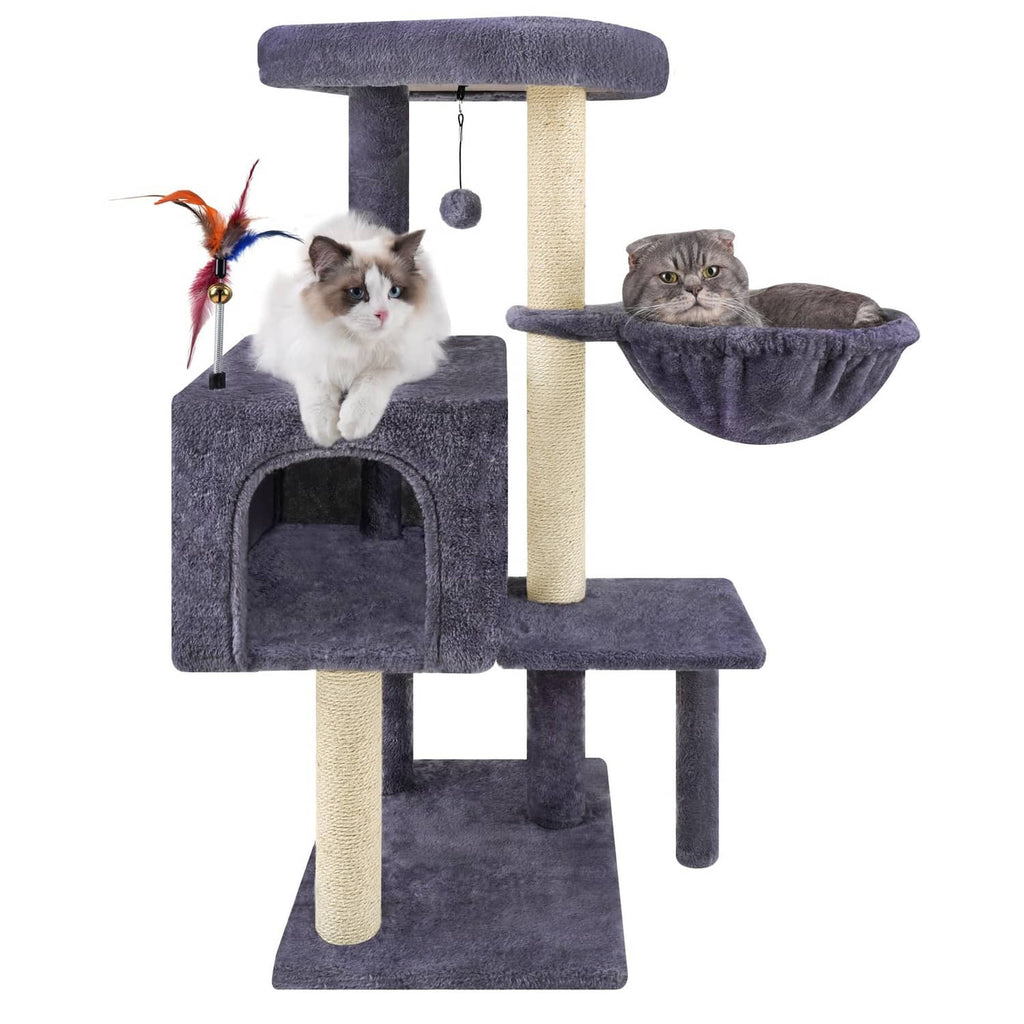 Multifunction cat tree with dark gray plush platforms, hanging hammock, and sisal posts
