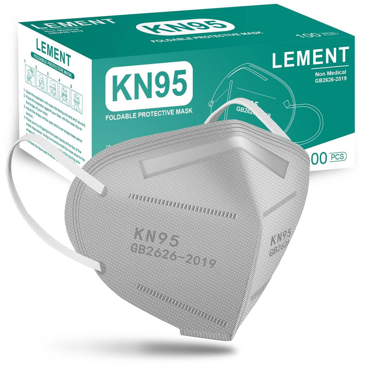 Grey KN95 respirator face mask with ear loops and molded nose bridge, shown folded.