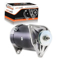 Starter generator with black housing and silver pulley end, mounted with metal bracket