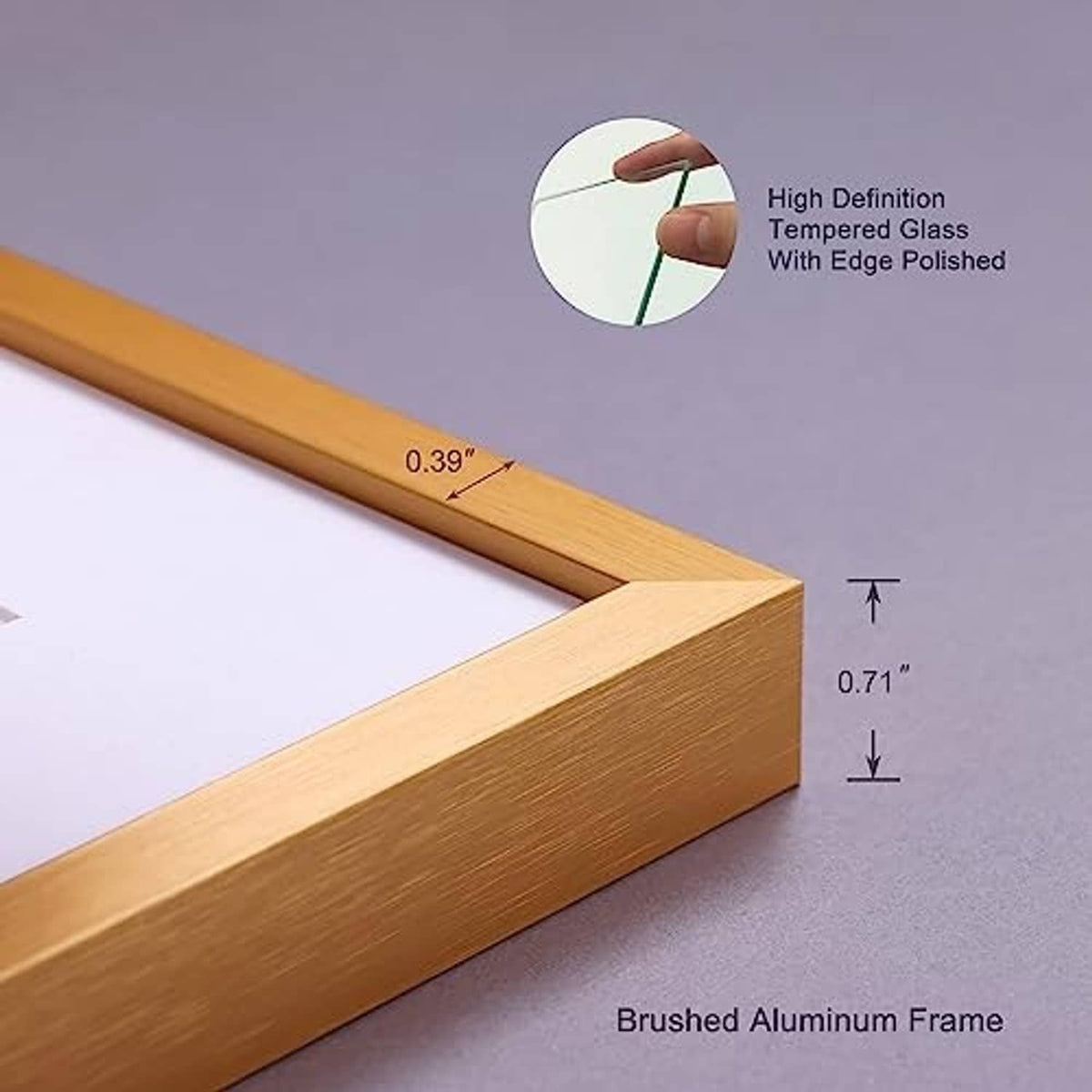 Close-up of brushed aluminum bronze frame corner with high-definition tempered glass