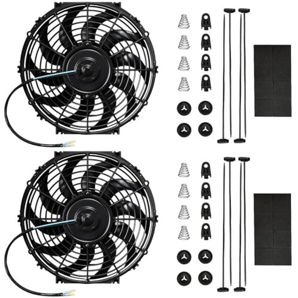 Black 10-inch electric cooling fan set with two fans, cables, screws, and mounting plates
