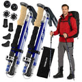 Blue collapsible hiking poles set with EVA grips, tips, and carrying bag