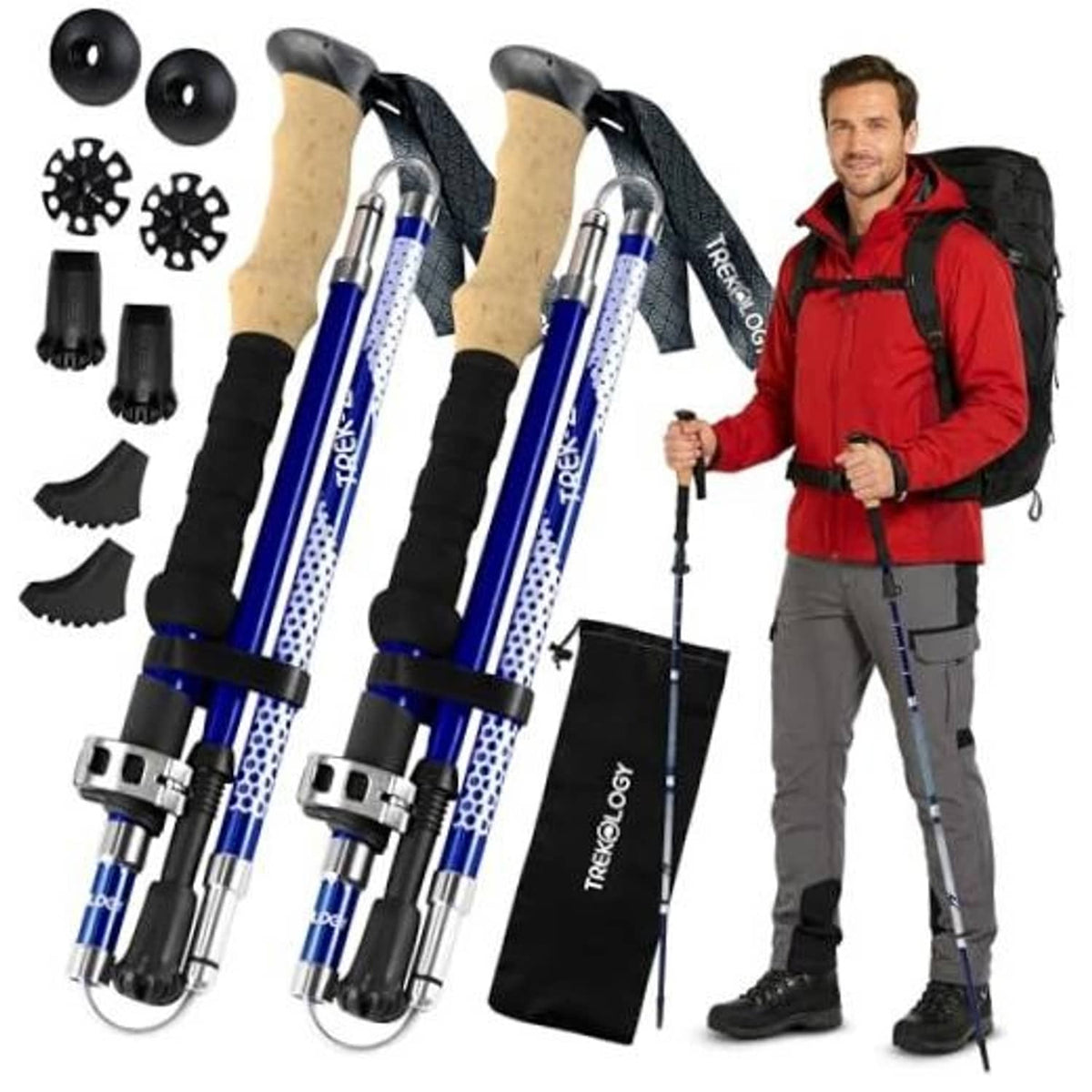 Blue collapsible hiking poles set with EVA grips, tips, and carrying bag