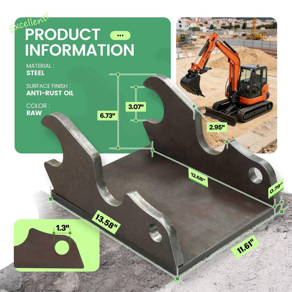 Dark steel quick-attach bucket bracket plate with three curved supports and two bolt holes