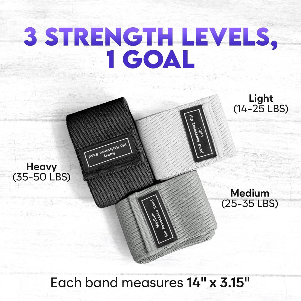 Three strength wide fabric resistance bands in dark, medium gray, and light gray