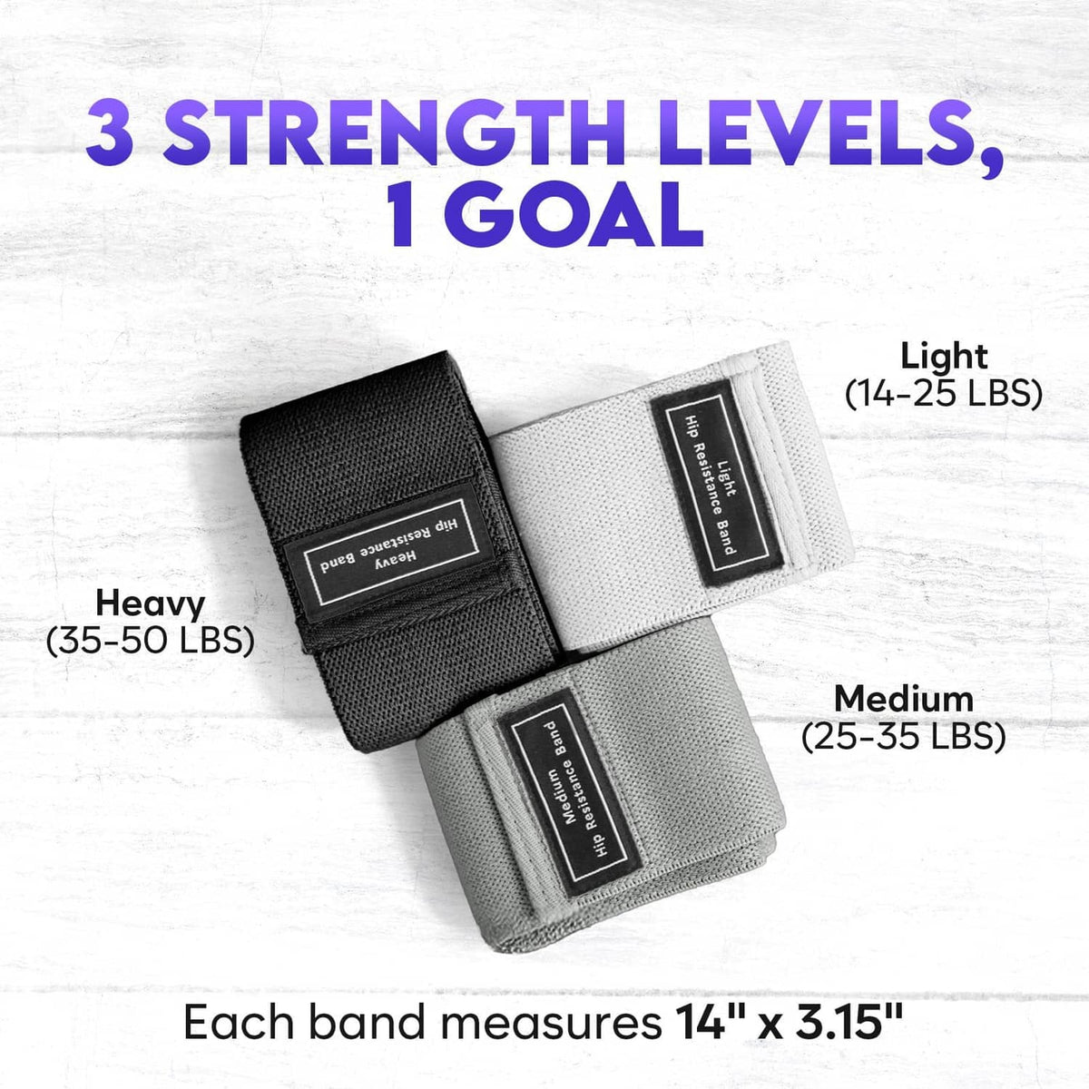 Three strength wide fabric resistance bands in dark, medium gray, and light gray