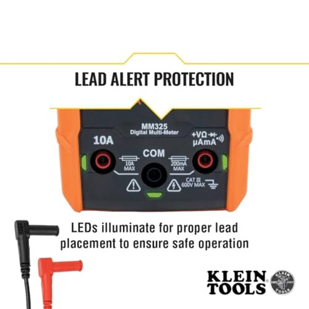 Digital multimeter front section with orange sides, LED lead-alert indicator area, and ports.