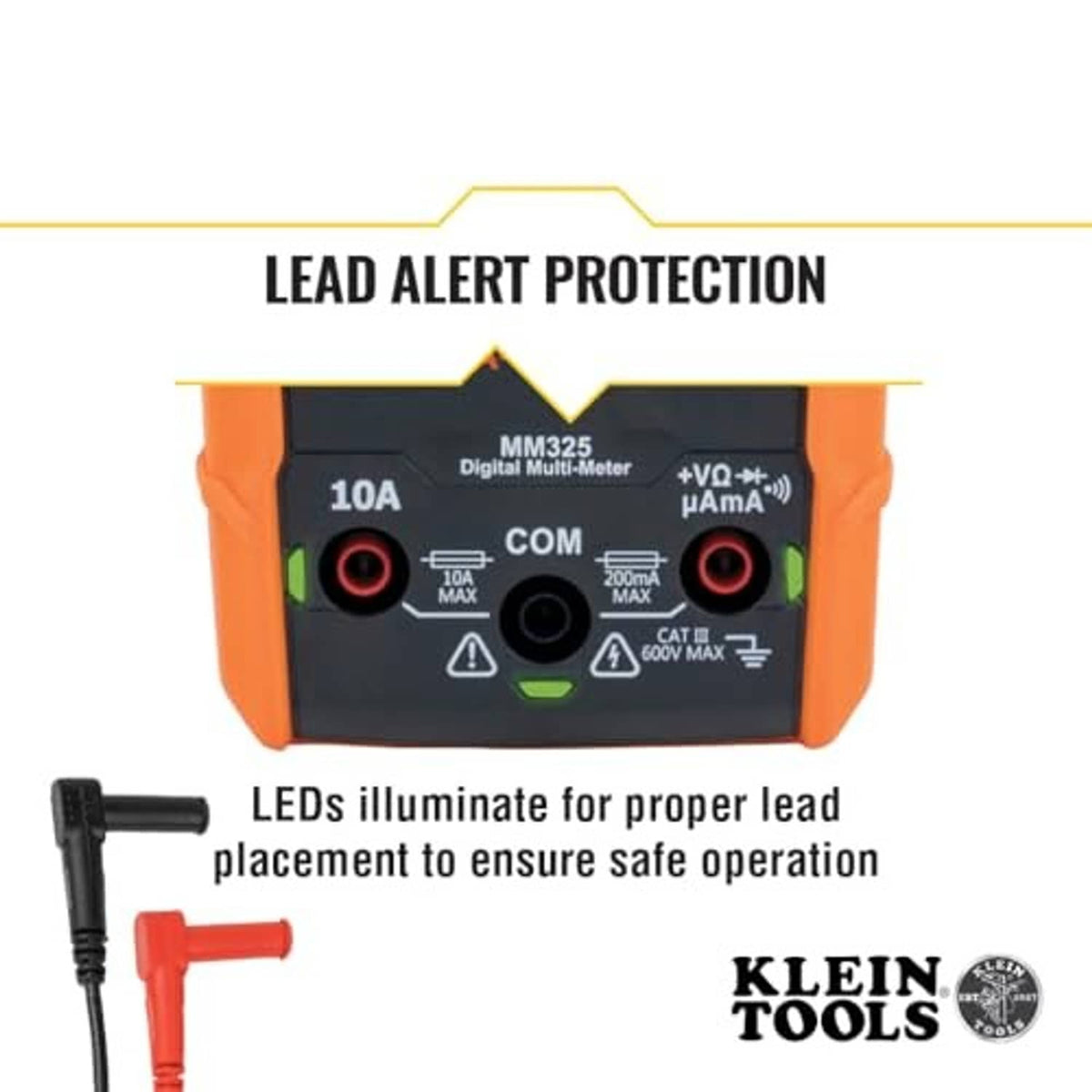 Digital multimeter front section with orange sides, LED lead-alert indicator area, and ports.