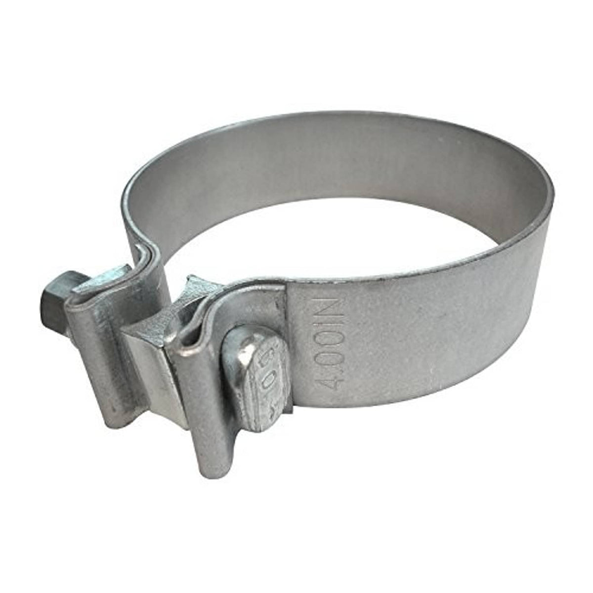 Exhaust clamp band with fixed saddle and screw bolt, metallic gray steel