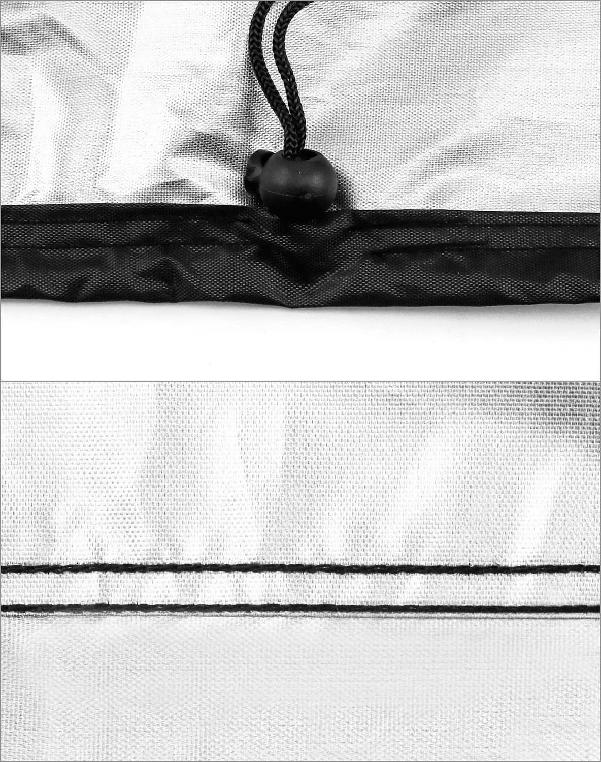 Black treadmill cover drawstring with cord lock and stitched edge detail.