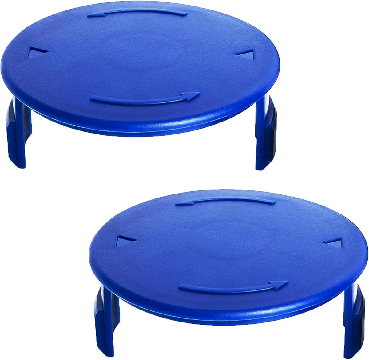 Blue round spool cap cover with molded arrow marks and four side tabs