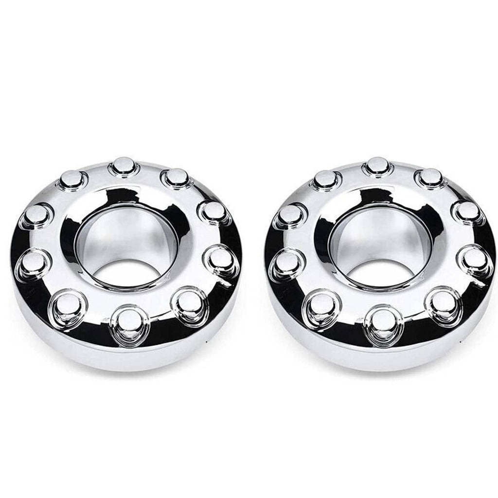 Two chrome wheel center hub caps side by side, each with circular opening