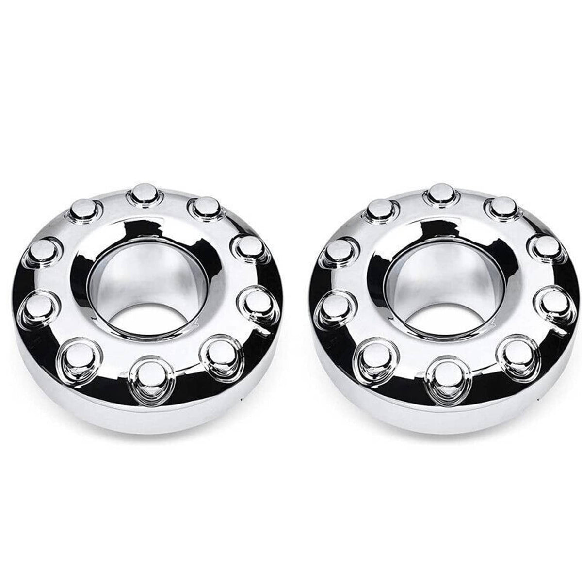 Two chrome wheel center hub caps side by side, each with circular opening