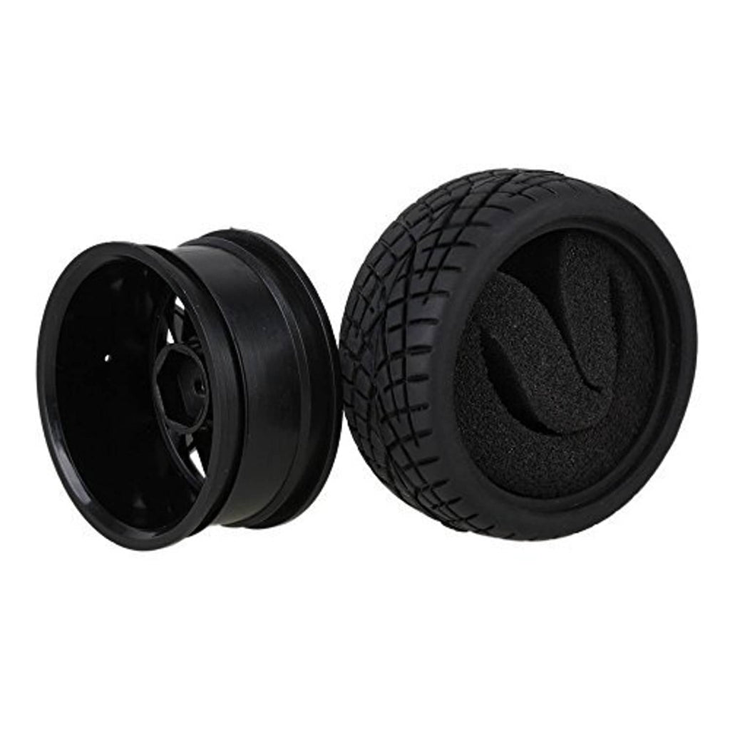 Black wheel rim and black tread tire, side view