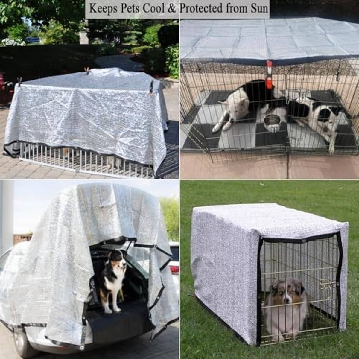 Reflective silver shade cloth used as a pet shelter cover over a kennel