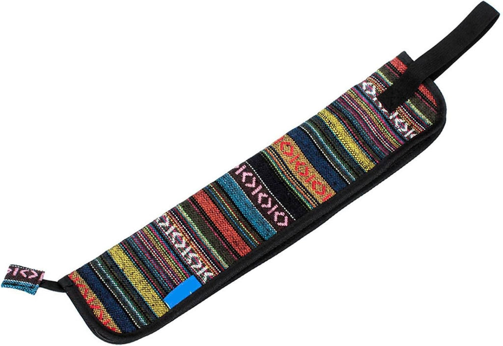 Woven drum stick pouch with multicolor stripes, black base, and top hanging strap.