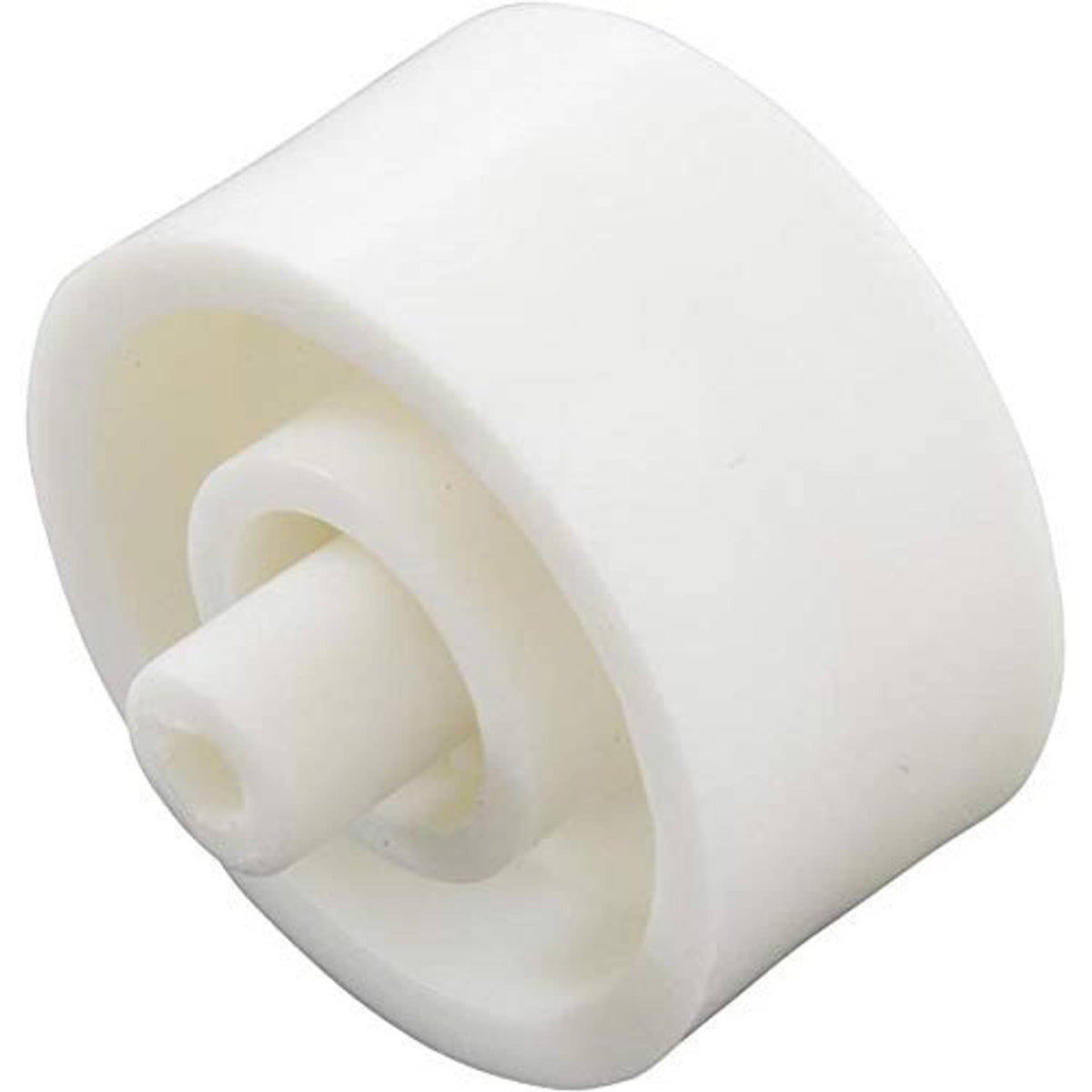 White plastic wheel roller with central hub for pool vacuum cleaner head