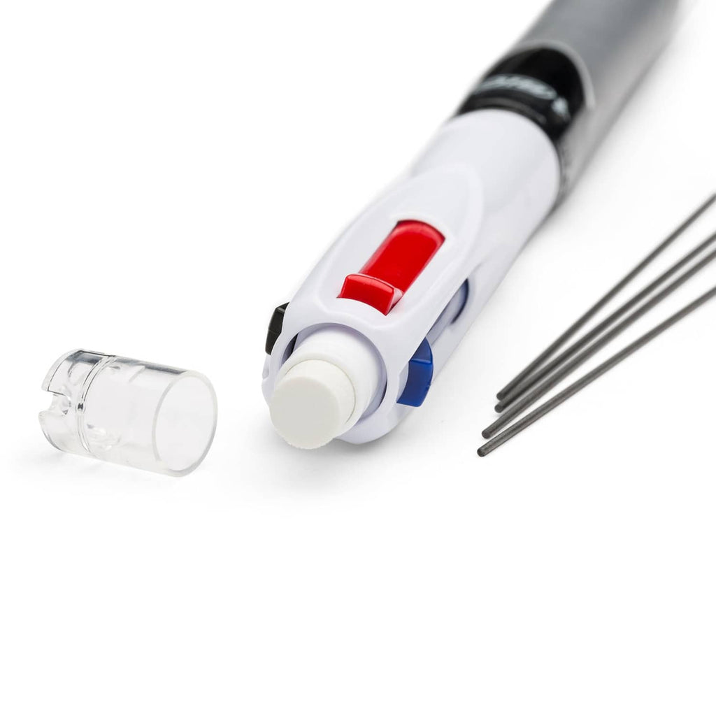 Ballpoint pen refill mechanism with red push button and pencil lead rods