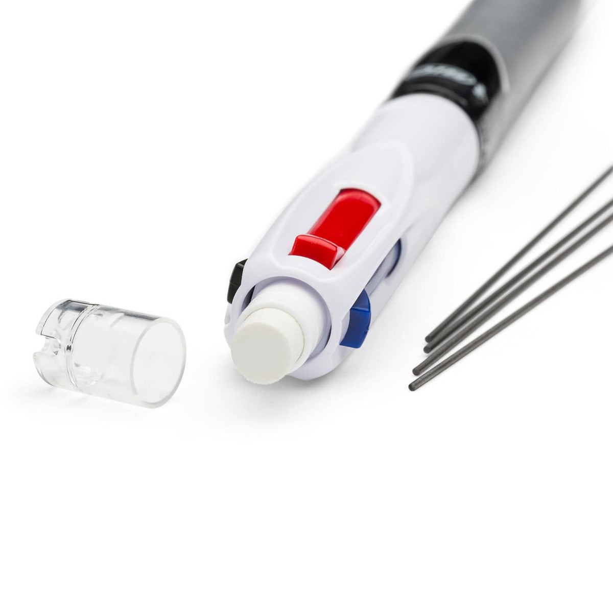 Ballpoint pen refill mechanism with red push button and pencil lead rods