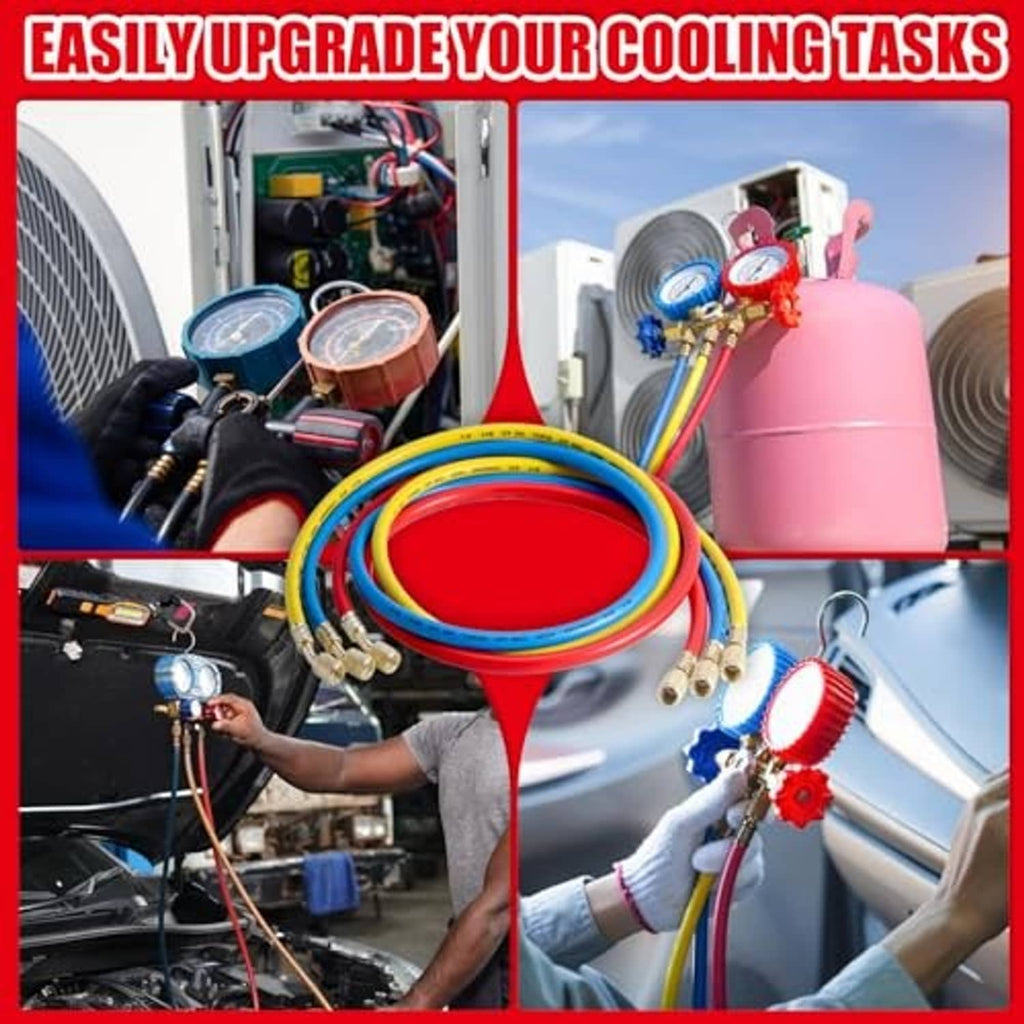 AC manifold gauge hose kit with three hoses and brass couplers for charging AC