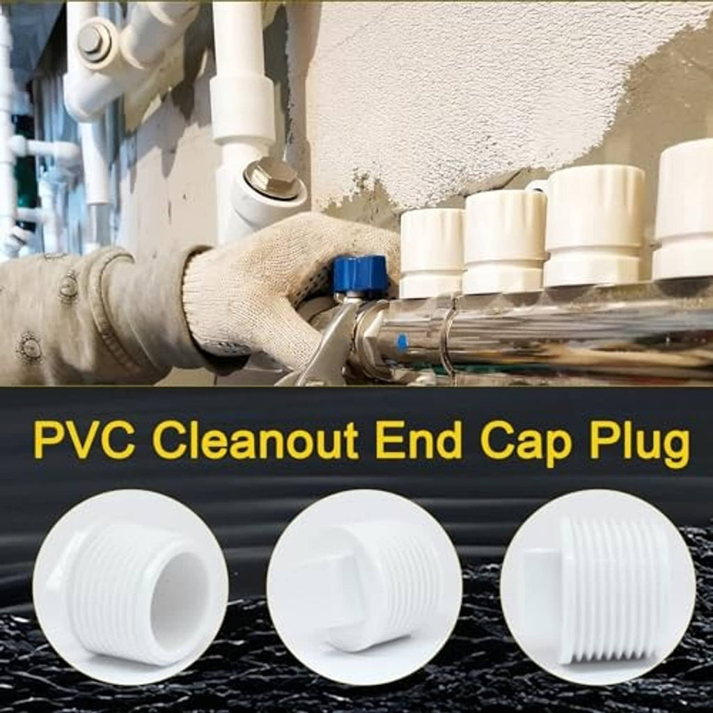 White PVC male threaded pipe end cap plugs, single pieces shown